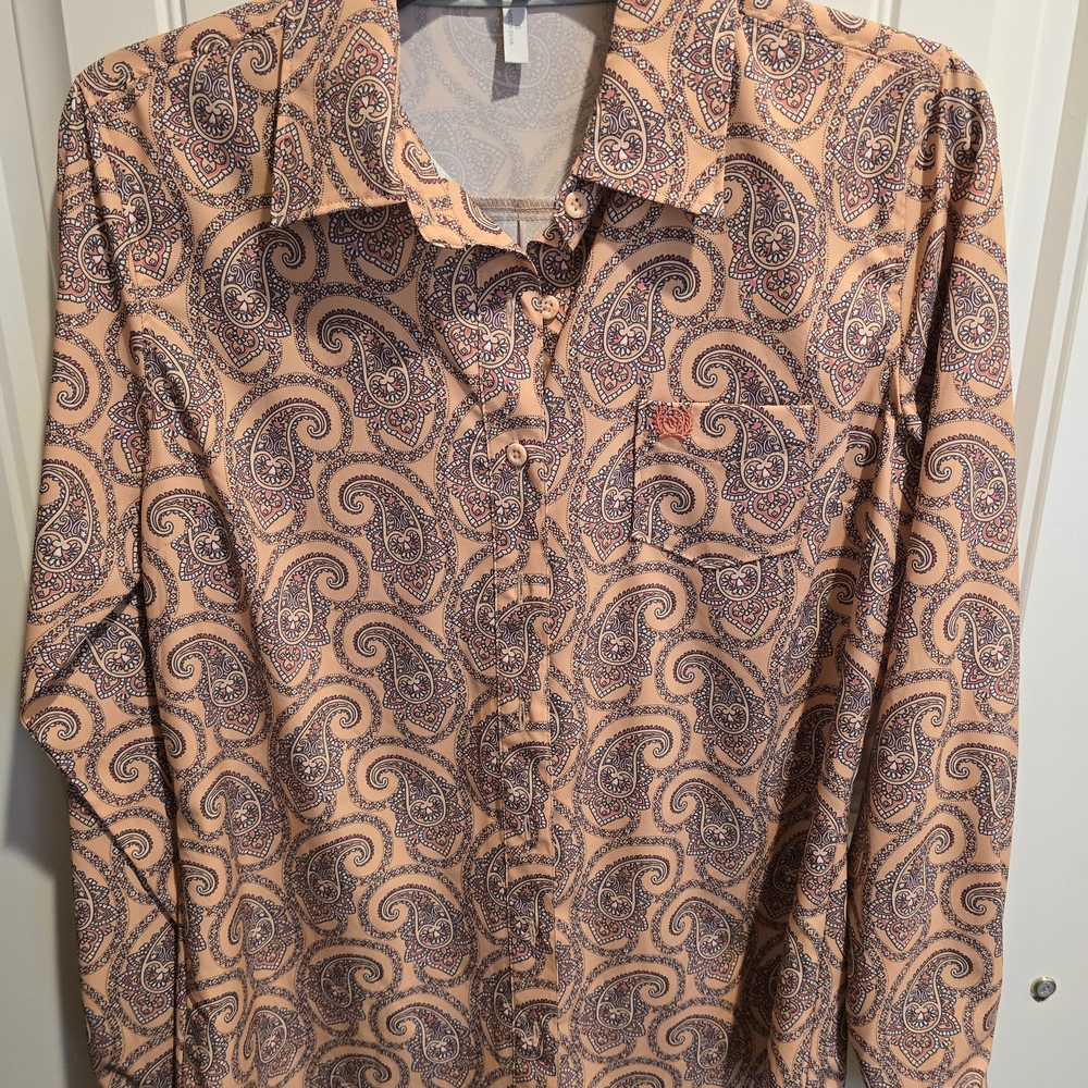 Cinch Women's Paisley Button Down Shirt - Peach and Navy